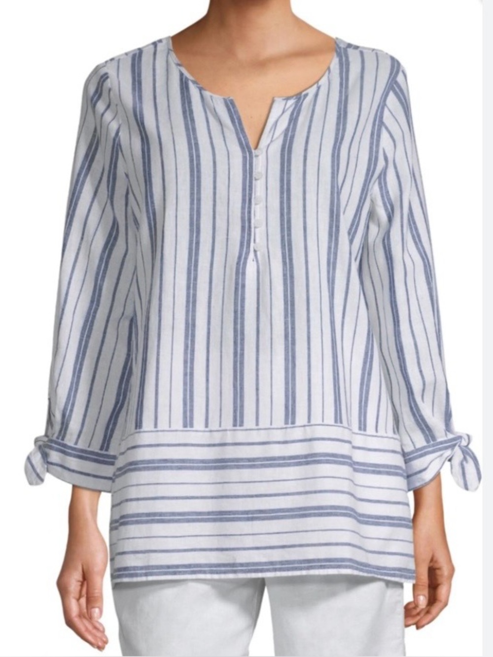 LIZ CLAIBORNE Women's Linen & Cotton White Blue Striped Top 3/4 Sleeve Size XXL